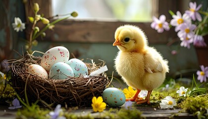 A charming baby chick stands amongst a nest of decorated eggs and springtime flowers, bathed in soft sunlight.