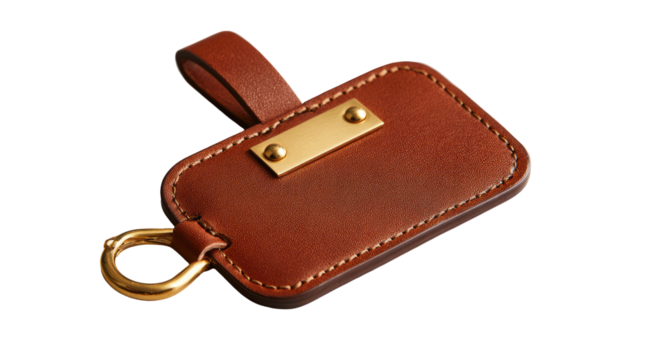 Brown leather key fob with brass accents