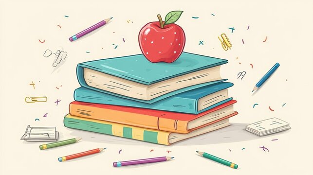 Stack of colorful books with apple and school supplies.