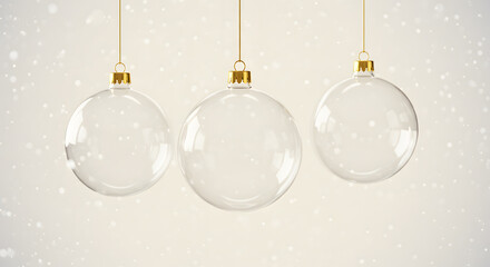 Transparent hanging Christmas baubles Clear baubles isolated on pastel background holiday decoration