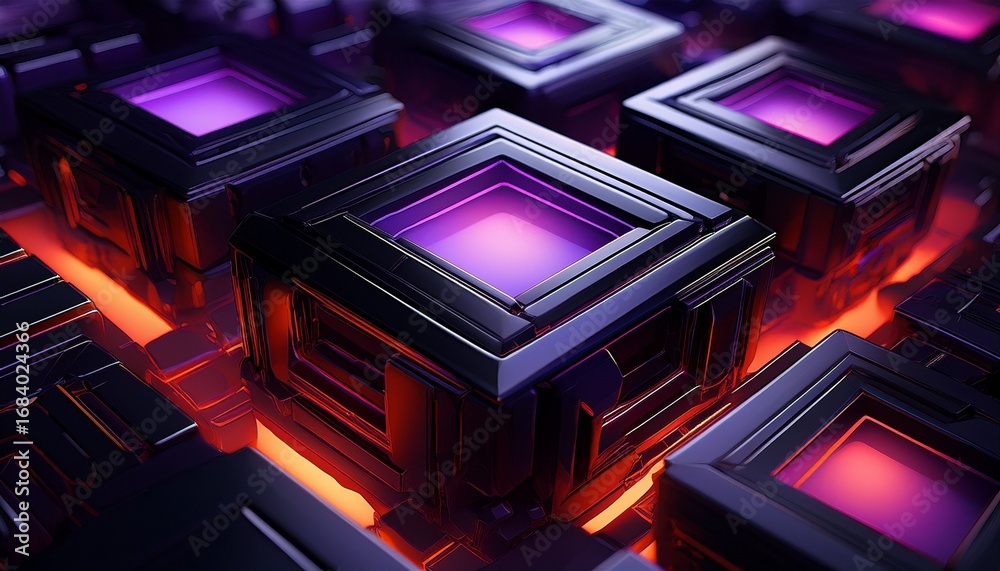Wall mural a close up of a black and purple cube with a red light on it the cube is surrounded by other black a