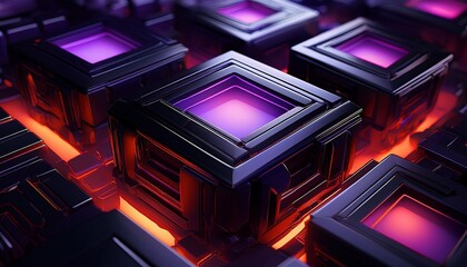 a close up of a black and purple cube with a red light on it the cube is surrounded by other black and purple cubes