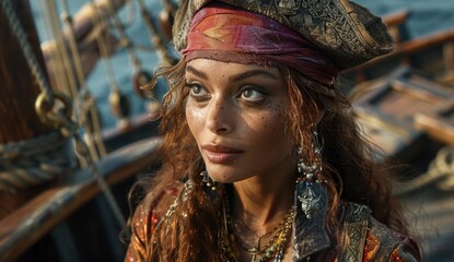 Intense female pirate adventurer looking thoughtfully across blue sea on an old wooden sailing ship. Mysterious corsair woman with detailed hat bandana and ornate jewelry.