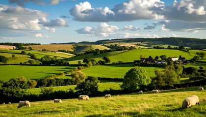 Fototapeta premium Lush, rolling hills and fields under a partly cloudy sky