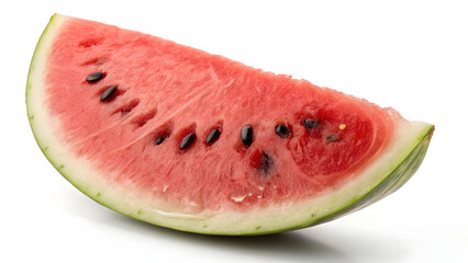A single, ripe slice of watermelon isolated on a pure white seamless background, bursting with freshness and summer sweetness