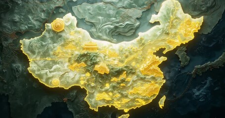 Unveiling jade-green China map glowing outline sweeping nationwide showing landmarks in studio - Powered by Adobe