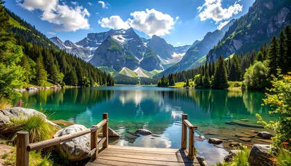 Tranquil alpine lake nestled amongst majestic mountains, showcasing a serene and vibrant natural landscape.
