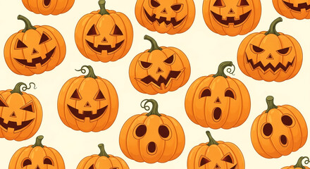 Orange pumpkins with carved faces, various expressions, Halloween theme, repeating pattern, festive background, suitable for seasonal designs
