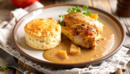 Cooked chicken drumsticks with applesauce and biscuits