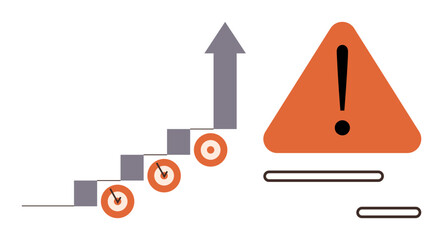 Four ascending steps with an upward arrow signifying progress, accompanied by an orange warning triangle. Ideal for business growth, risk awareness, caution, analytics, progress monitoring, warning