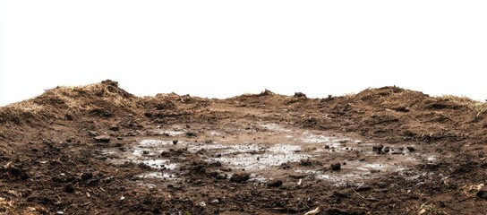 Wet, brown dirt piled in mounds, with patches of dampness
