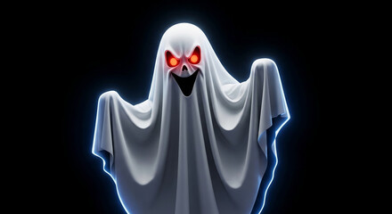 White sheet ghost with glowing red eyes, grinning, on black background, ideal for Halloween design, free space for text