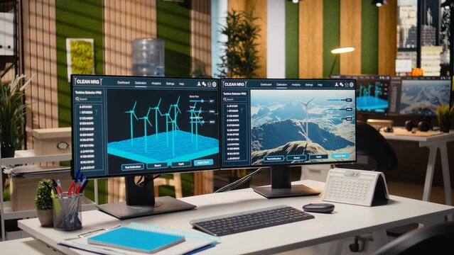 Windmill farm CAD design software displayed on monitors in engineering office. Digital modeling of renewable generator infrastructure during sustainable energy research project - Powered by Adobe