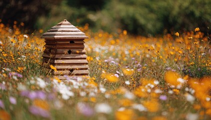 Wooden bee house in a vibrant flower meadow. A rustic wooden beehive structure stands amidst a profusion of wildflowers in various shades of yellow, orange, and purple