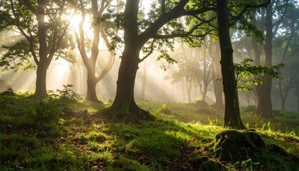 Sunbeams pierce a misty forest