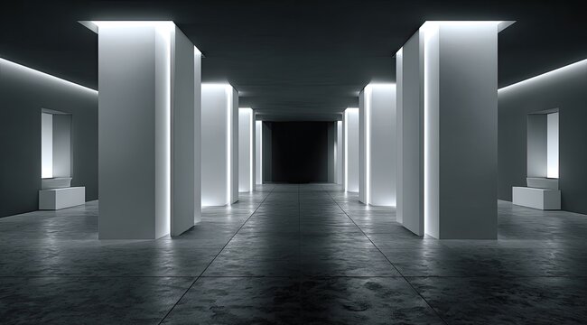 Empty, illuminated corridor with white pillars