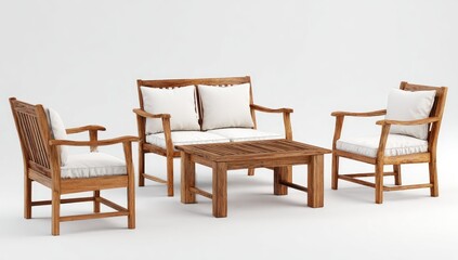 Light brown wooden outdoor seating set with off-white cushions