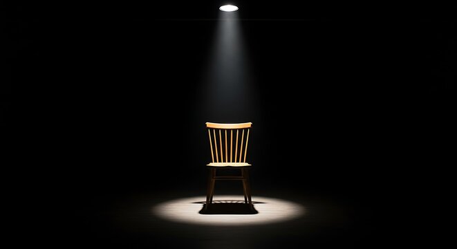 A single, empty wooden chair stands in the intense glow of a solitary spotlight, creating a dramatic and minimalist scene of focus, anticipation, or isolation against a pitch-black void