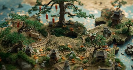 Starting overhead, camera panning zooming through Japanese diorama in studio, revealing bonsai tree - Powered by Adobe