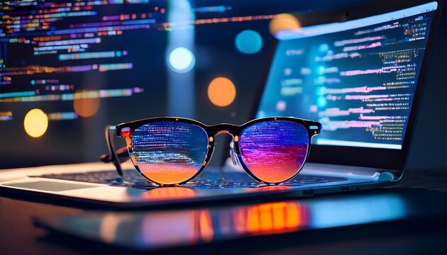 glasses resting on a laptop reflecting colorful code on multiple screens during late night coding session