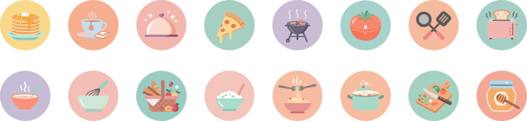 16 food-themed icons in round badges with pastel colors