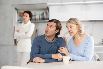 Senior woman sits near man and comforts him during quarrel with wife. Mother calms upset adult son takes his side in altercation with girlfriend. Woman is outraged by man behavior and blames