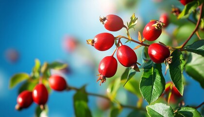 Fototapeta premium The image shows several ripe rose hips growing on a branch with green leaves, set against a clear blue sky.