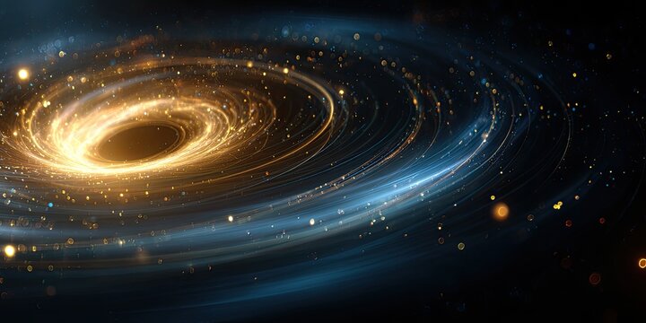 Cosmic vortex of swirling gold and blue, radiating energy from a central void