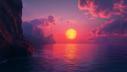 Three birds fly over a calm ocean reflecting a large, vibrant red sun at sunset near dark cliffs.