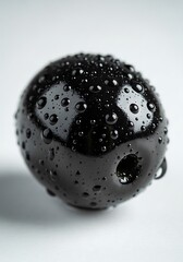 Closeup of a Single Black Olive with Water Droplets.
