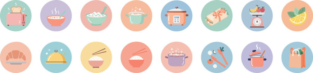 Set of 16 flat-design circular icons with pastel colors depicting culinary and kitchen themes