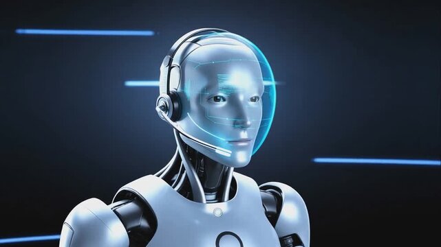Humanoid robot with headset and transparent visor displaying digital interface on dark blue background. 3D rendered futuristic customer service and AI technology concept. Design for banner, poster, wa