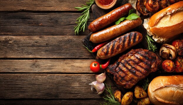 Grilled meats and breads on rustic wooden planks