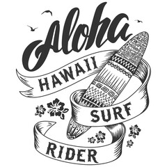 Catch the wave with this dynamic Aloha Hawaii surf rider design, perfect for beach lovers and coastal lifestyle apparel, evoking sun-soaked adventures and island vibes. © Riad
