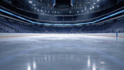 Empty ice hockey arena with a glistening ice rink and seated spectator stands, showcasing a captivating and spacious interior design.