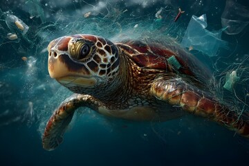 Obraz premium Sea turtle swimming among ocean plastic waste highlighting ocean pollution and environmental crisis. Marine life endangered by human waste. Sea turtle trapped in polluted ocean 