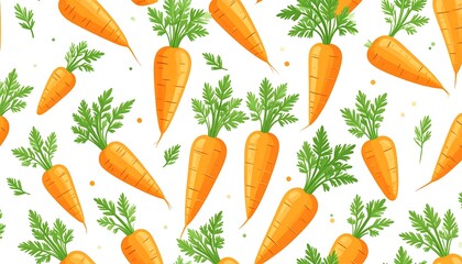 A repeating pattern of orange carrots with bright green tops against a crisp white background