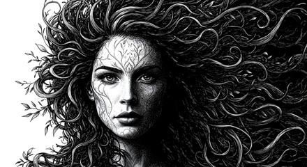 Striking monochrome portrait of a woman with natureinspired face art design