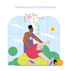 Elderly Exercise with Personal Trainer Vector Illustration