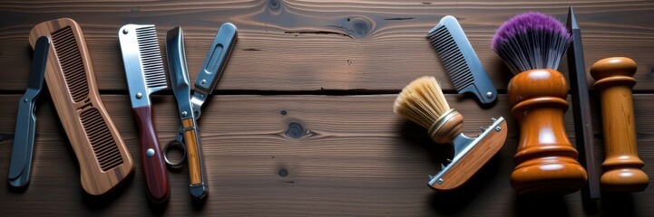 Vintage barber tools displayed on rustic wooden background, including straight razors, combs, and brushes, background, detail