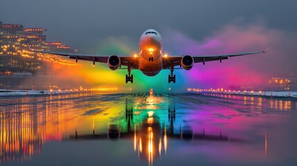 Aircraft takes off at night reflecting colorful lights on the wet runway surface