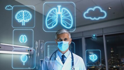 Doctor wearing face mask and gloves holding digital tablet with virtual brain scan icons in hospital room at night. Futuristic healthcare and medical diagnostics concept. Design for banner, poster, wa - Powered by Adobe