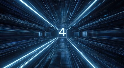 Futuristic tunnel,  neon light lines,  digit "4",  dark background