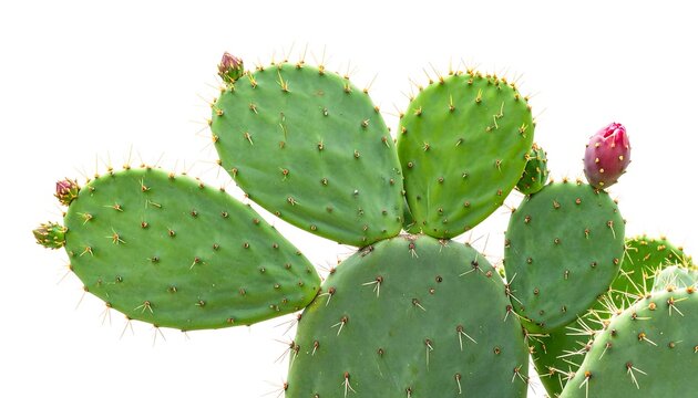 Close-up view of a vibrant prickly pear cactus, showcasing its lush green pads and small, reddish-purple flower buds against a plain white background.