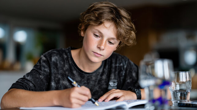 A young boy concentrates intently on his homework at a table, depicting a serene and focused study environment that nurtures learning and personal development.