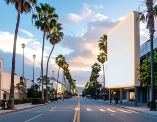 Obraz premium A long straight road lined with palm trees leads to the horizon, featuring a large blank billboard on the right side of the street.
