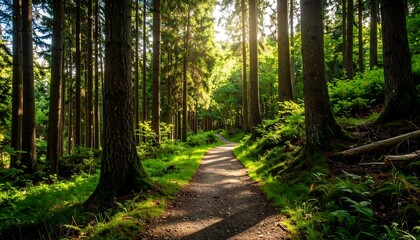 Sunlight path through a dense forest