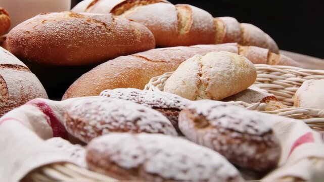 Assorted loaves of bread, dusted with powdered sugar