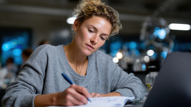 A focused woman diligently writing notes in a study area, capturing the essence of concentration and dedication to academic or personal growth through learning.
