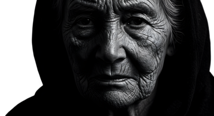 Dramatic close up portrait of an elderly woman with deep wrinkles in monochrome
